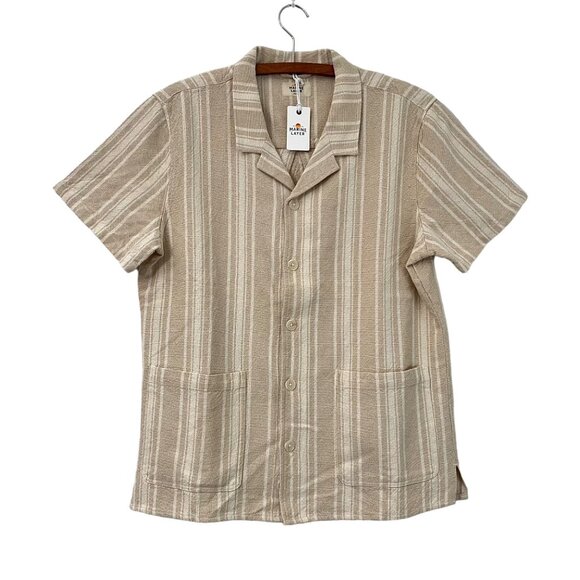 Marine Layer Natural Vertical Stripe Short Sleeve Woven Camp Shirt Mens M NEW - Picture 2 of 6